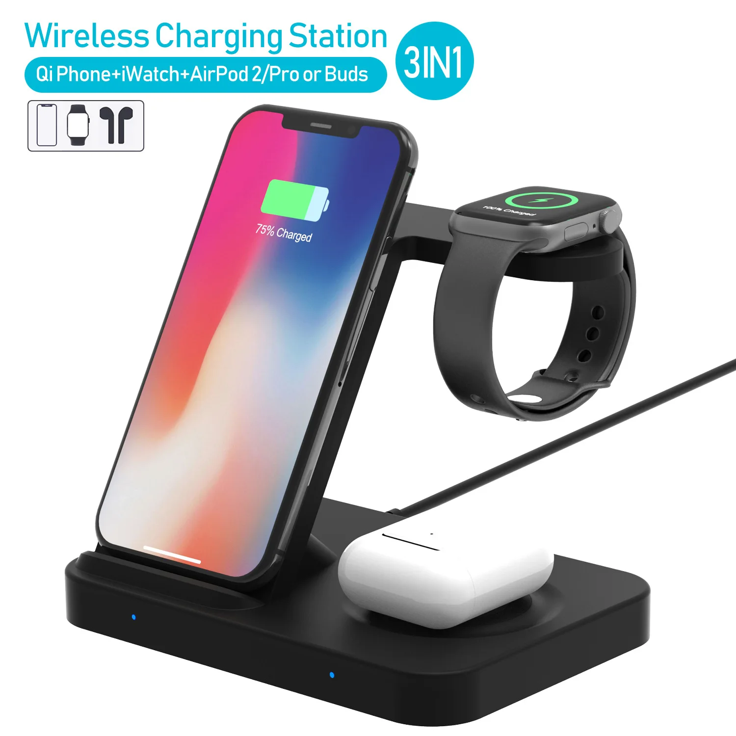 

15W Fast Charging Vertical Multi-function 3 In 1 Wireless Charger for Watch Mobile Phone Headset