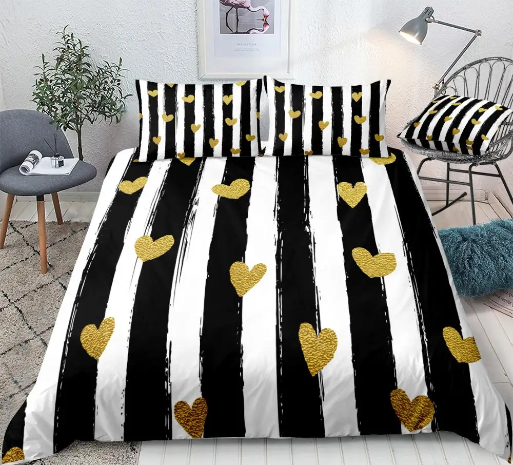 

Gold Glitter Duvet Cover Set Black Stripe Bedding Kids Boys Girls Hearts Quilt Cover Queen Bed Set 3pcs Glitter Hearts Dropship