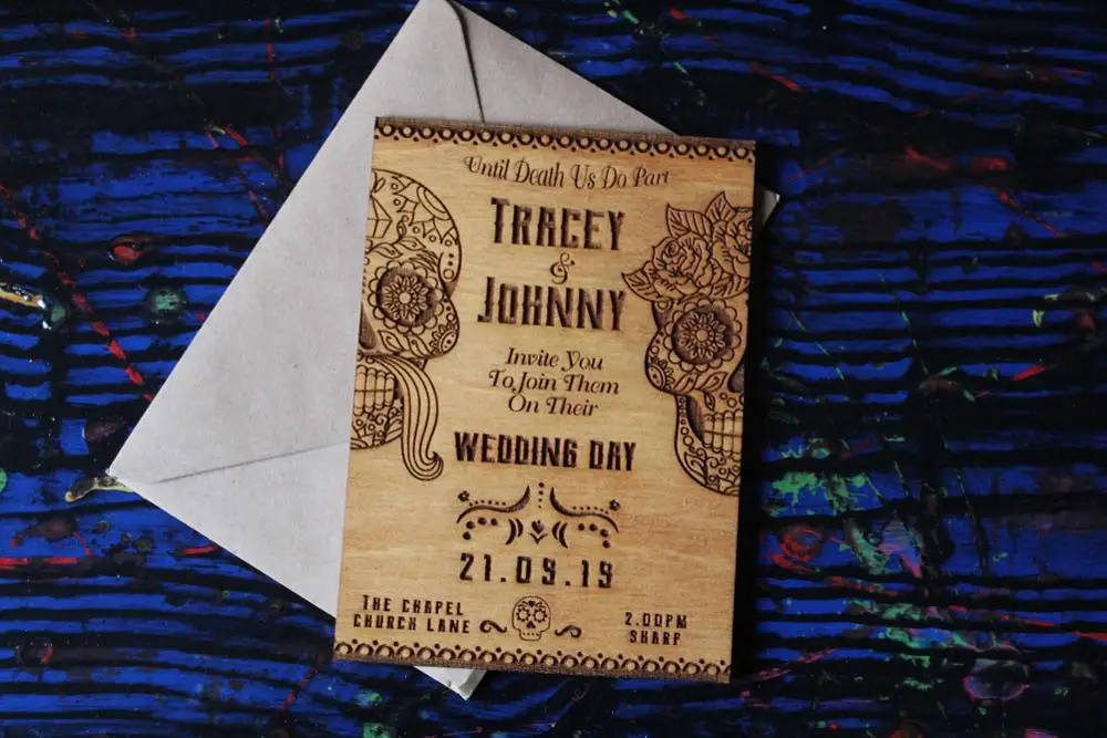 Приглашения на свадьбу на заказ древесная пирография деревянная сожженных сахарный череп лазерный деревенский предлагает Día de Muertos