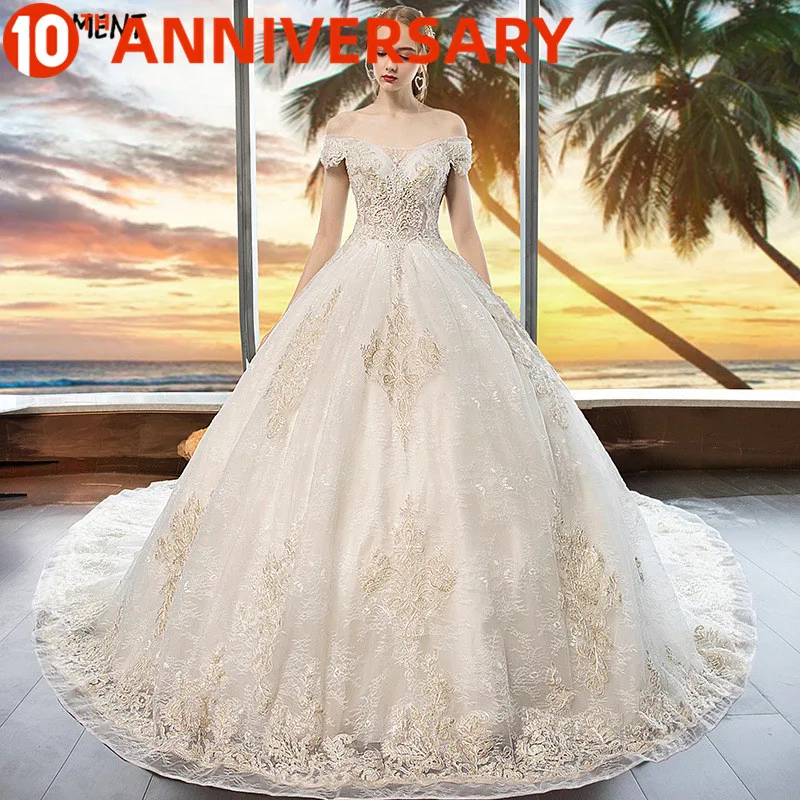 

OllyMurs Simple Lace Sleeve Wedding Dress Off The Shoulder Suitable for Pregnant Women 100cm Tail Spring Summer Autumn Wedding