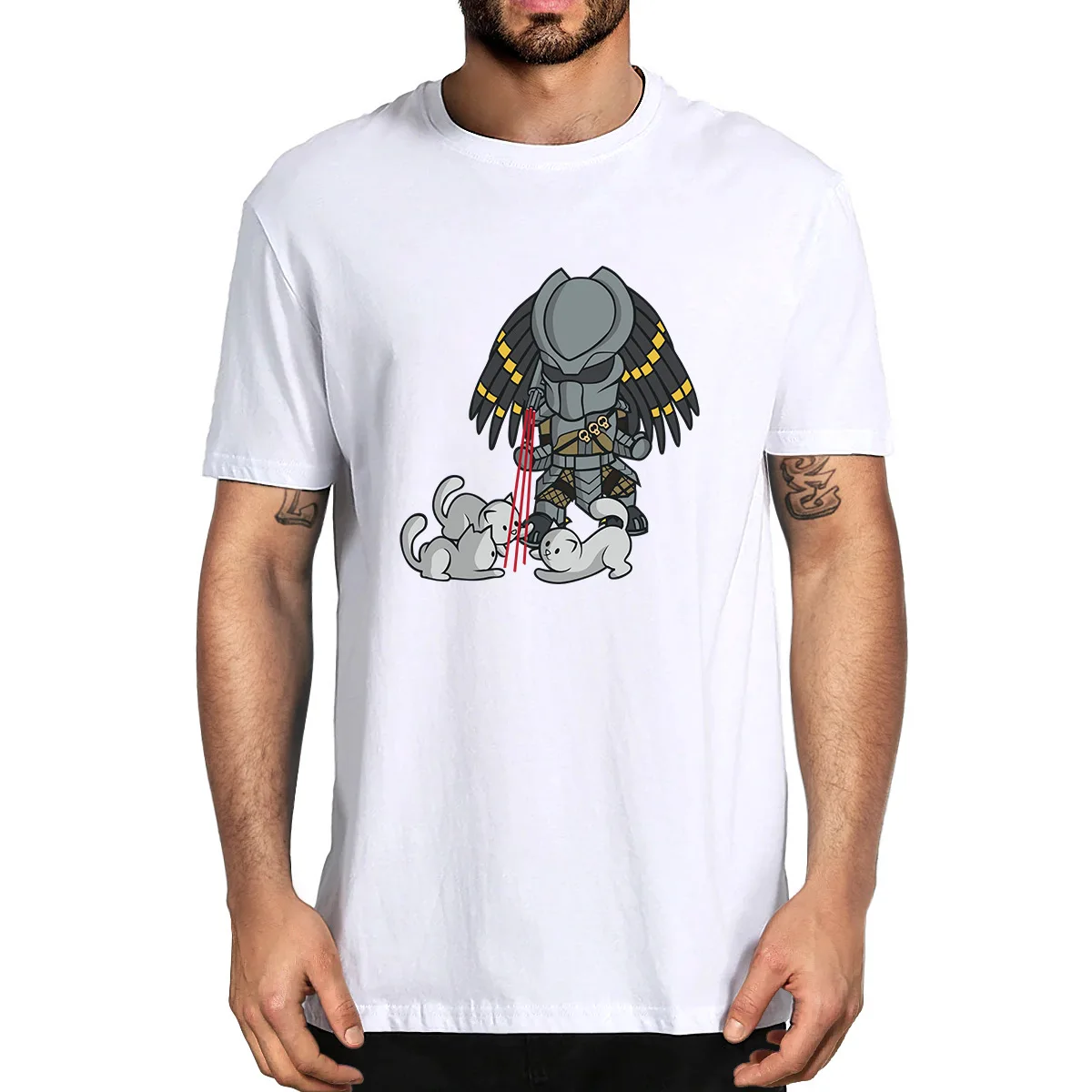 

100% Cotton Predator Cat Laser Sight Science Fiction Film Thriller Action Summer Men's Novelty T-Shirt Women Casual Streetwear