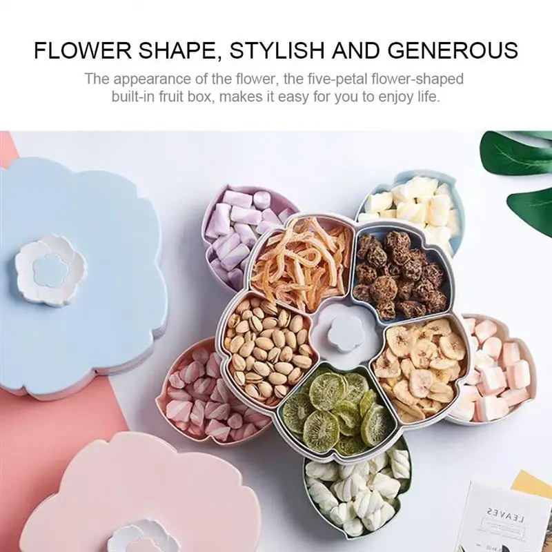 Porcelain Rotary Fruit Box Plastic Candy Box Sakura Shape Snack Bowl Double-Deck Dried Fruit Plate Storage Organizer Box
