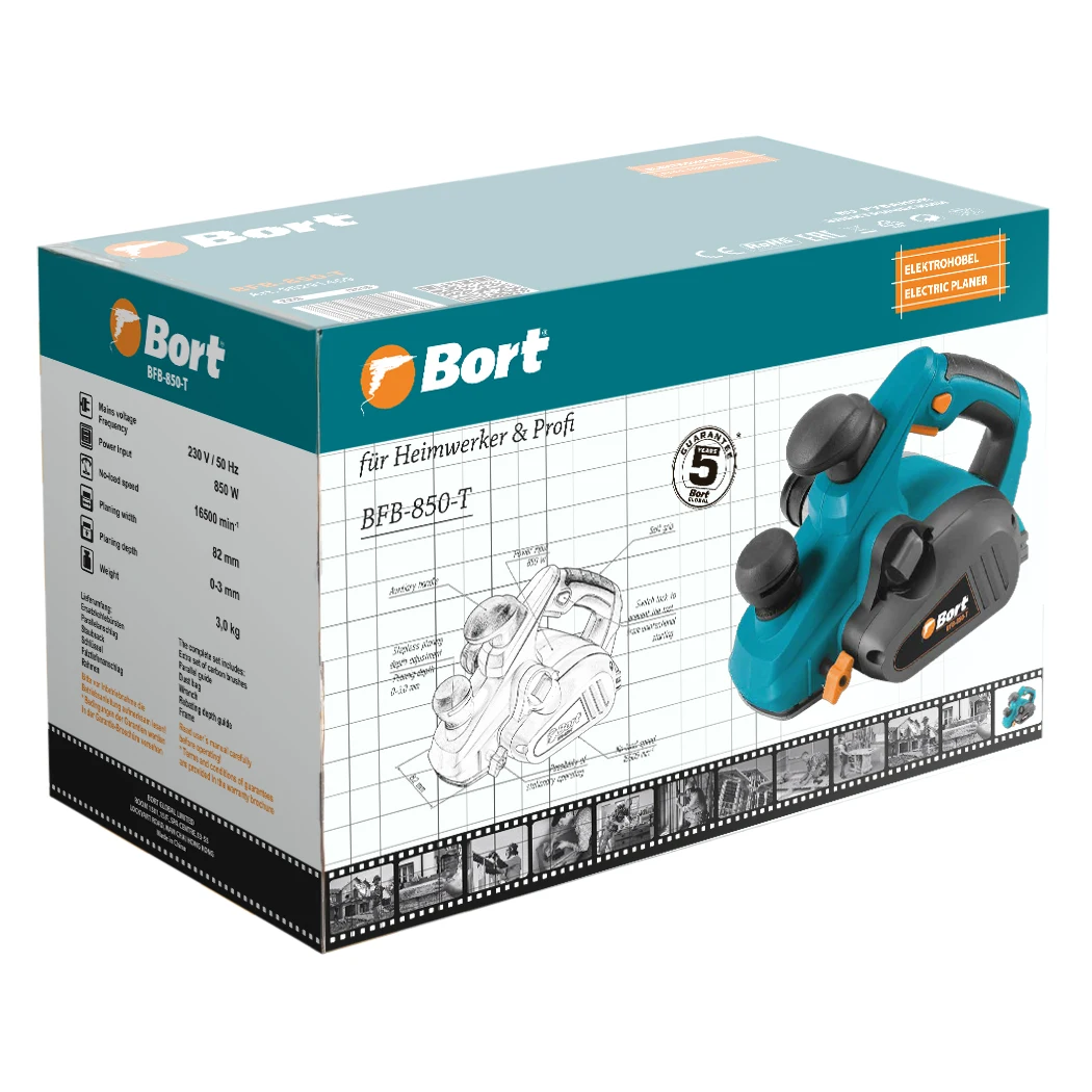 Рубанок электрический Bort BFB-850-T(Ширина обработки 82 мм, 850 Вт, возможность стационарной установки, выборка четверти, пылесборный мешок)