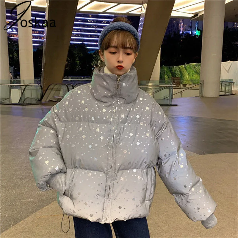 

Winter Snowflak Fashion Reflective Short Warm Women Coat Jackets Short Jacket Top Gray Color New Ladies Parka Spring Ladies Coat