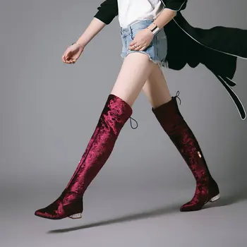 

2020 Low Heel Women boots Over The Knee Boots flock Pointed Toe Woman Motorcycle Boots large Size 34-43