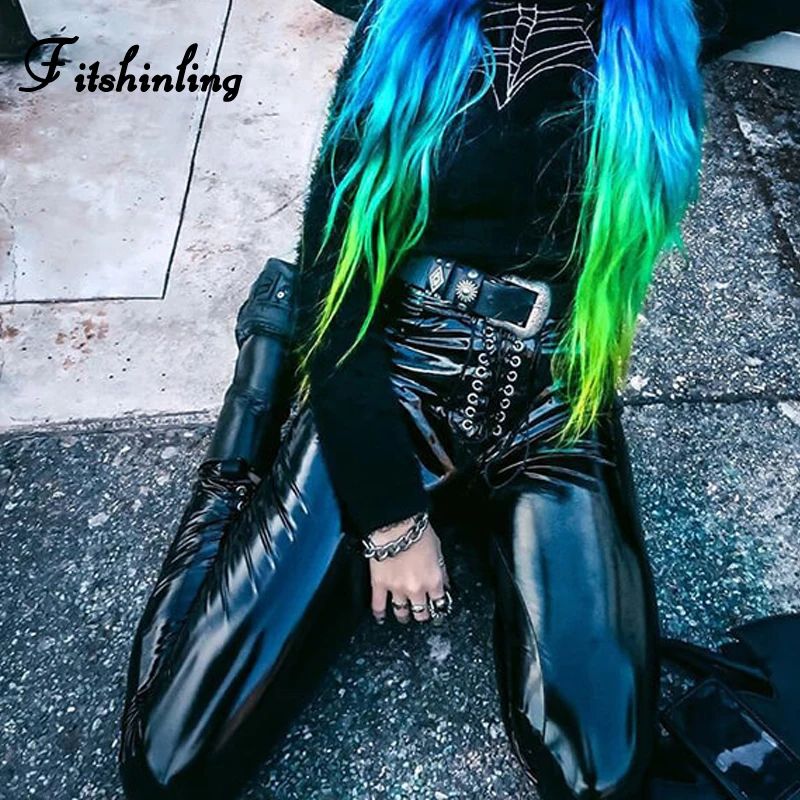

Fitshinling Lace Up Gothic PU Pencil Pants Women Punk Grunge Slim Sexy Dark Joggers 2020 New High Waist Trousers Female Clothes