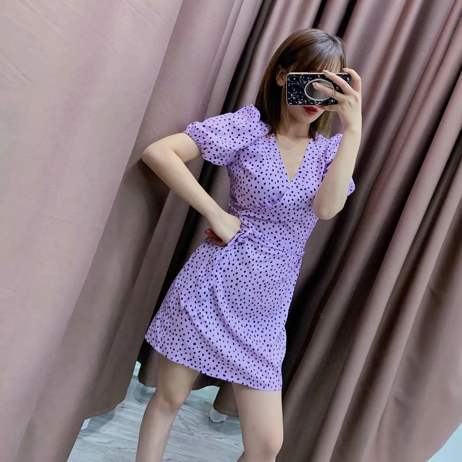 

Western Style 2019 Summer New Style WOMEN'S Dress Versatile Slimming Purple Polka Dot Printed French V-neck Dress