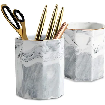 

2 Pack Ceramic Pen Holder Stand , Desk Marble Pattern Makeup Brush Holder , Durable Desktop Organizer Pencil Holder