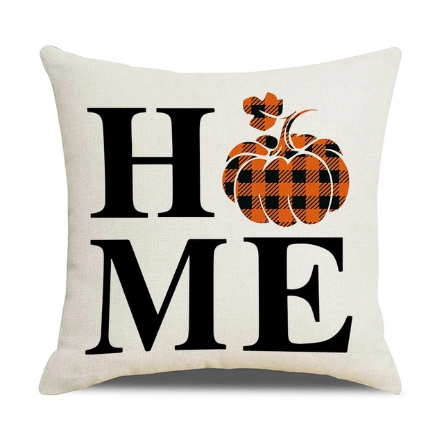 Fall Pumpkin Cushion Covers 18x18 Inch Farmhouse Decor Thanksgiving Buffalo Check Linen Throw Pillow Covers Happy Thanksgiving 10