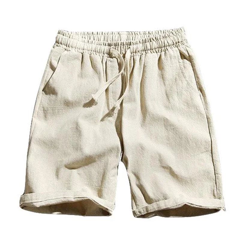 Mens Summer Shorts Cotton Linen Solid Drawstrings Waist Short Pants Casual-MX8