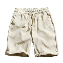 Mens Summer Shorts Cotton Linen Solid Drawstrings Waist Short Pants Casual-MX8