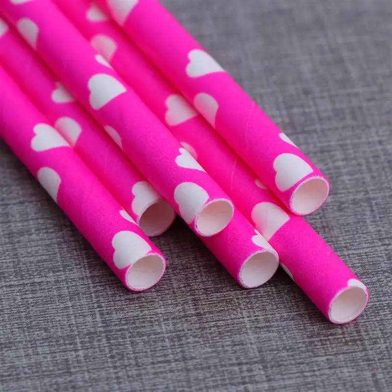 50pcs Party Paper Straw Environment-friendly Drinking Straw Love Heart Printing Paper Straw Disposable Paper Pipette