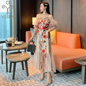 

YOSIMI Long Women Dress 2020 Summer Vintage Embroidery Short Sleeve Female Mid-calf Spaghetti Strap Evening Party Dress Elegant