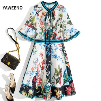 

2020 New Summer Fashion Elegant Vintage Women High End Floral Printed Belted Collar Flare Sleeve Slim Chiffon Mini Dress
