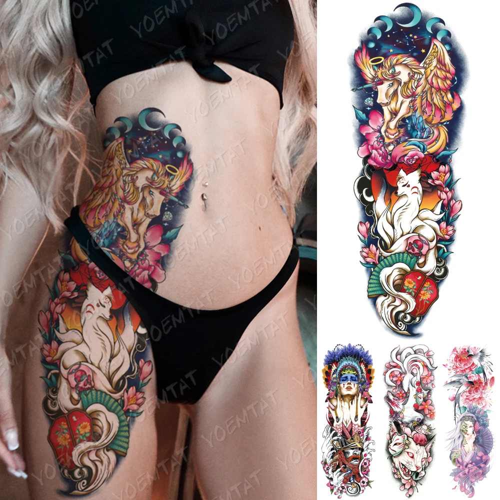 

Large Arm Sleeve Tattoo Unicorn Fox Cat Waterproof Temporary Tatto Sticker Peony Bird Body Art Full Fake Tatoo Women Men