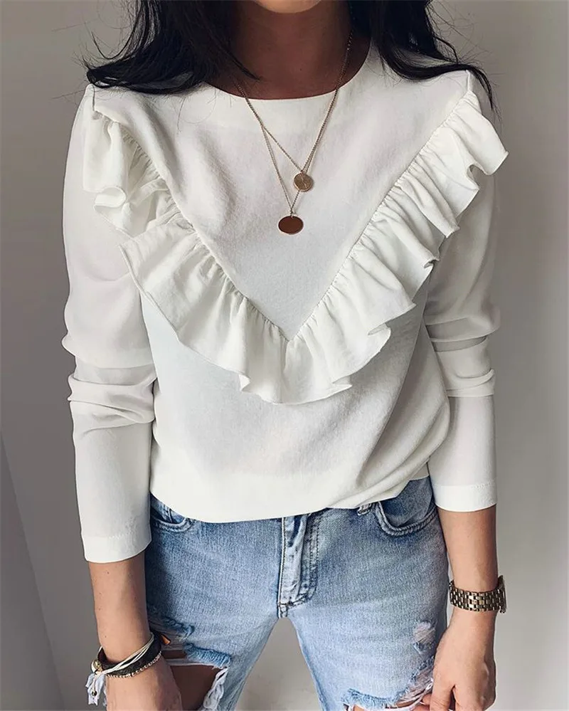 

Women Long Sleeve T-Shirts for Streetwear Patchwork Design Ruffles Decor O-Neck Solid Color Top Elegant Lady Autumn Slim Shirts