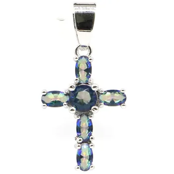

29x15mm Pretty Cross Shape Created Fire Rainbow mystical topaz Gift For Woman's Silver Pendant