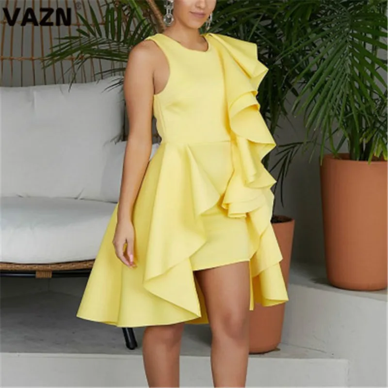 VAZN KEN81987, 2 цвета, сексуальные вечерние, юные, без пояса, высокая талия, круглый вырез, асимметричный рукав, высокая талия, женское платье миди - Цвет: Цвет: желтый