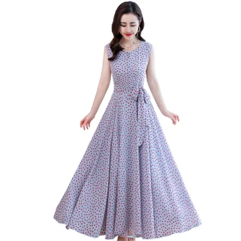 

2020 New Style Lady Chiffon Sleeveless Flower Beach Long Dresses Blue Black Big Swing Sashes Vestidos Plus Size 4xl Women Dress