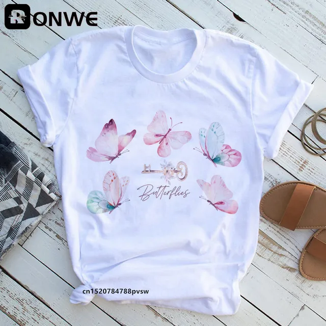 Woman Butterfly Tree Print Harajuku Summer Tshirts Casual Round Neck Short Slee Top Tee Shirt,Drop Ship B2021-20