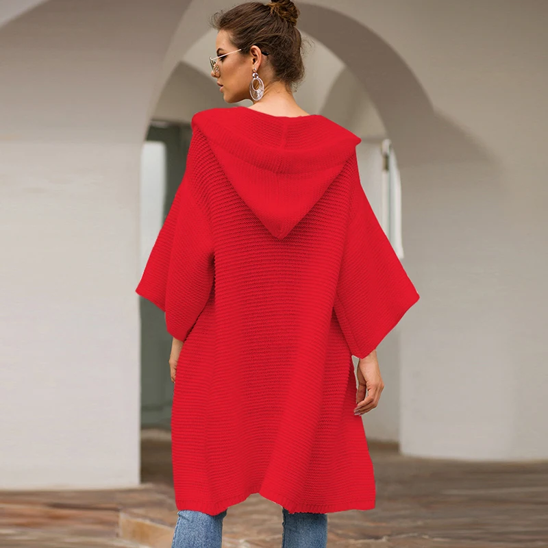 Fashion Women Knitted Cardigan Long Hooded Sweaters Batwing Sleeves Balls Decoration Solid Pocket Casual Knitting Coat Knitwear