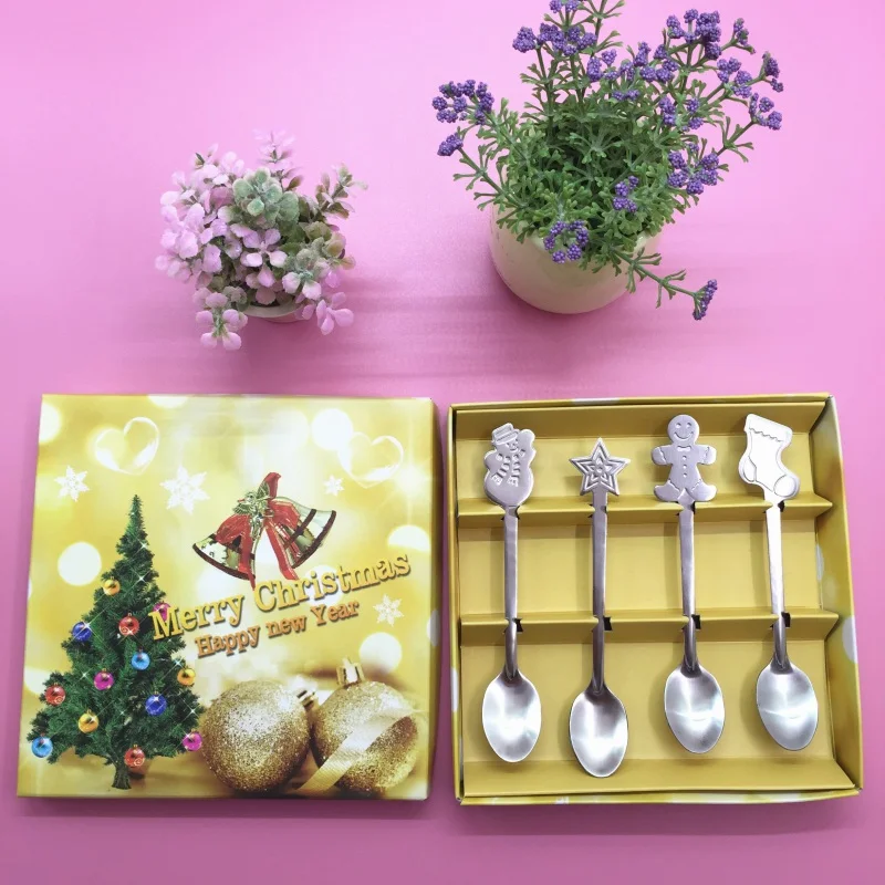 В рождественском стиле для маленьких Еда дозирования ложка для Нержавеющая сталь обучение ложки для бутылки из-под молока, столовые приборы 4 шт./компл