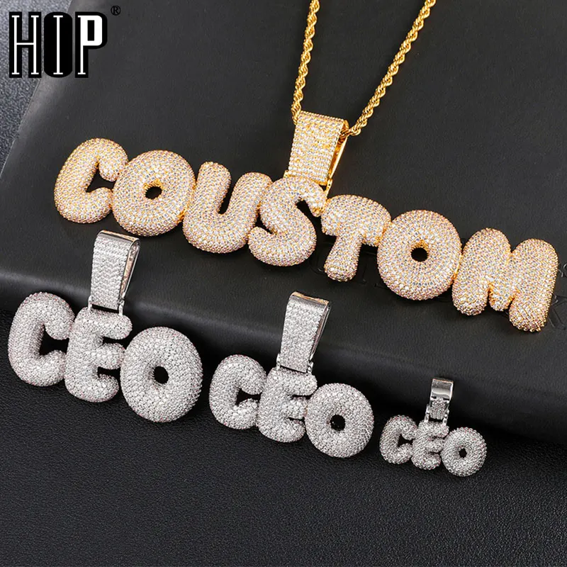 

Hip Hop 3 Size Custom Name Bubble Letters Cubic Zirconia Iced Out Chain Pendants & Necklaces For Men Jewelry With Solid Back