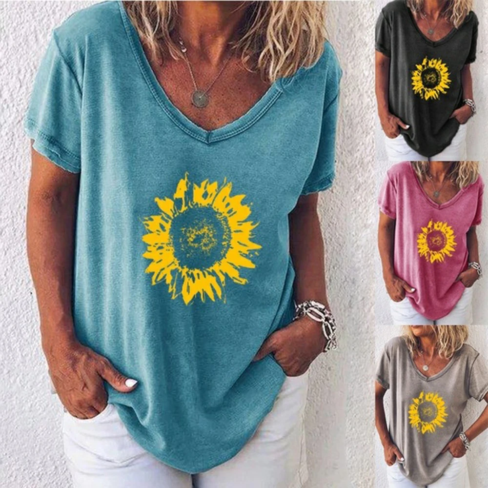 

Plus Size S-5XL Summer T shirts Women Short Sleeve Loose Sunflower Printed Tee Shirt Sexy V Neck Streetwear Tee Tops WDC3253