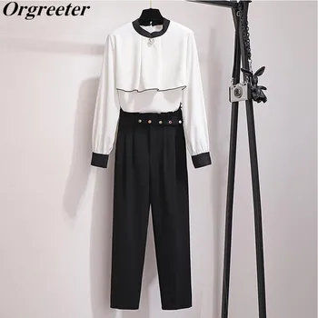 

Professional Temperament Two-piece pant Suit 2020 Spring Fall Single button White Chiffon Shirt and Ruched Harem Pants Suits