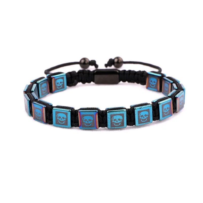 New Fashion 8MM square skull cross printed hematite beads braided friendship women men macrame bracelet bangle - Image 4