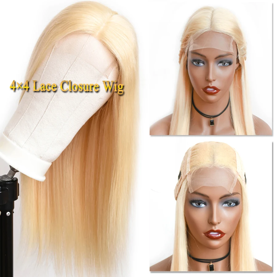 613 Blonde Human Hair Wigs 4x4 Closure Wig Lace Wig Blonde Human Hair Wigs 613 Honey Blonde Color Brazilian Straight Remy Hair