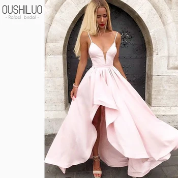 

Sexy Pink Satin Puffy Asymmetrical Prom Dresses Sapghetti Strap V Neck Backless Floor Lenth Sleeveless Split Ruffles Party Wear