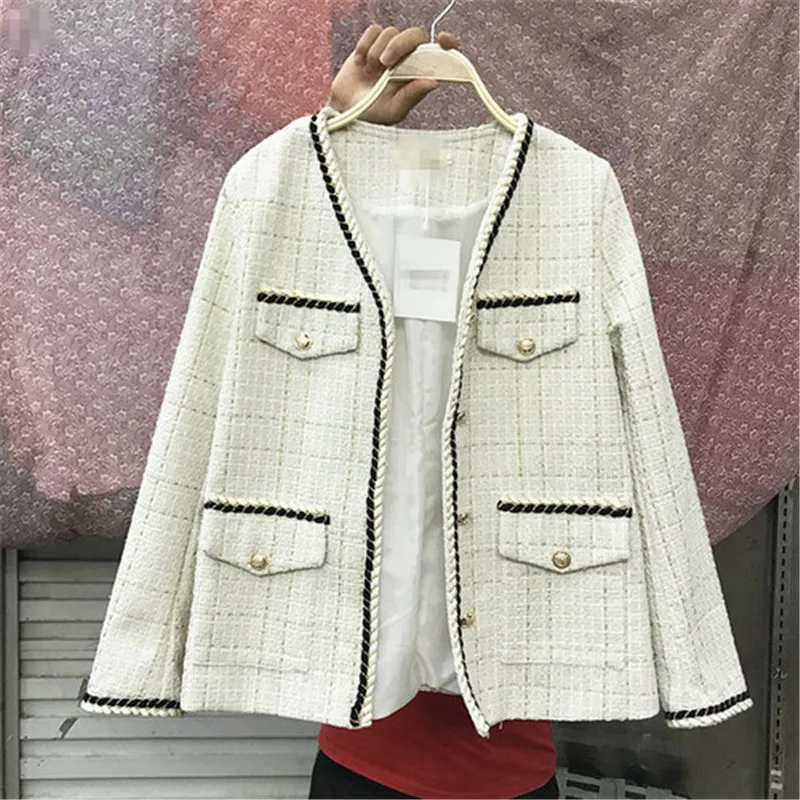 white CBAFU autumn winter tweed coat fashion women jacket fragrance long sleeve wool coat vintage cardigans woolen jacket runway P605 - Цвет: white