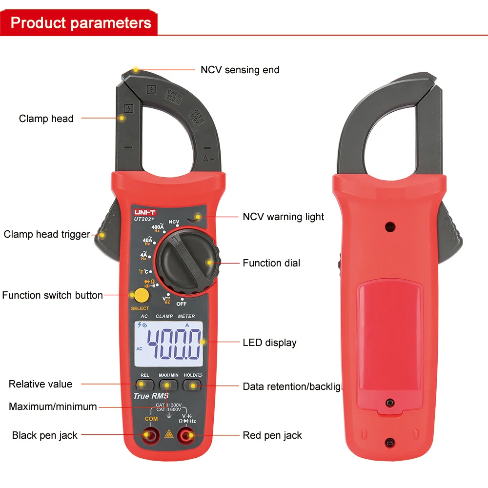 UNI-T UT201+ / UT202+ / UT203+ / UT204+ / UT202+ 400-600A digital clamp meter; high precision RMS true auto range 5 new