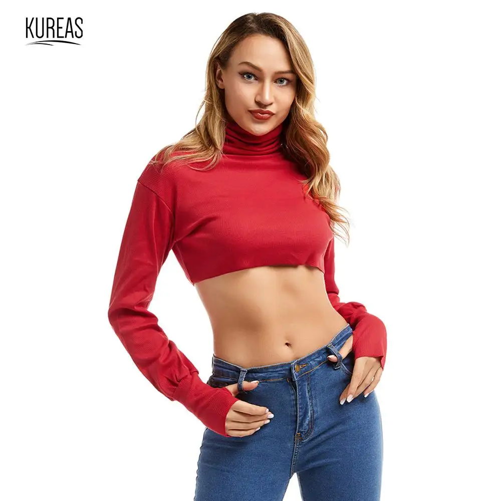 Kureas Women T Shirt Knitted Fashion Turtleneck Long Sleeve Crop Tops Sexy Midfriff T-Shirts Autumn High Street Red
