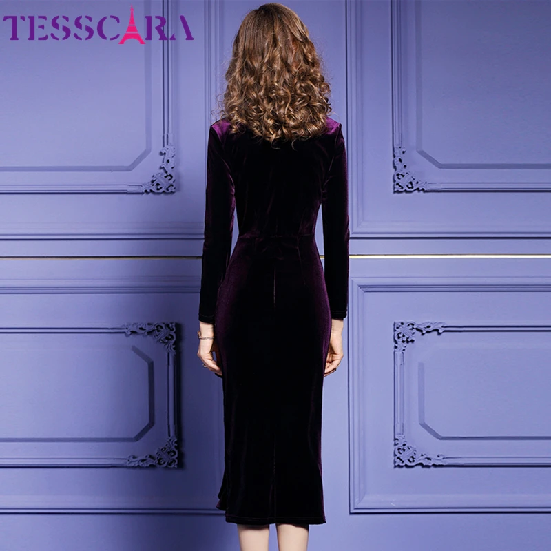 TESSCARA, женское осеннее и зимнее элегантное бархатное платье, женские Коктейльные Вечерние платья, высокое качество, кружевное дизайнерское платье-карандаш с рюшами