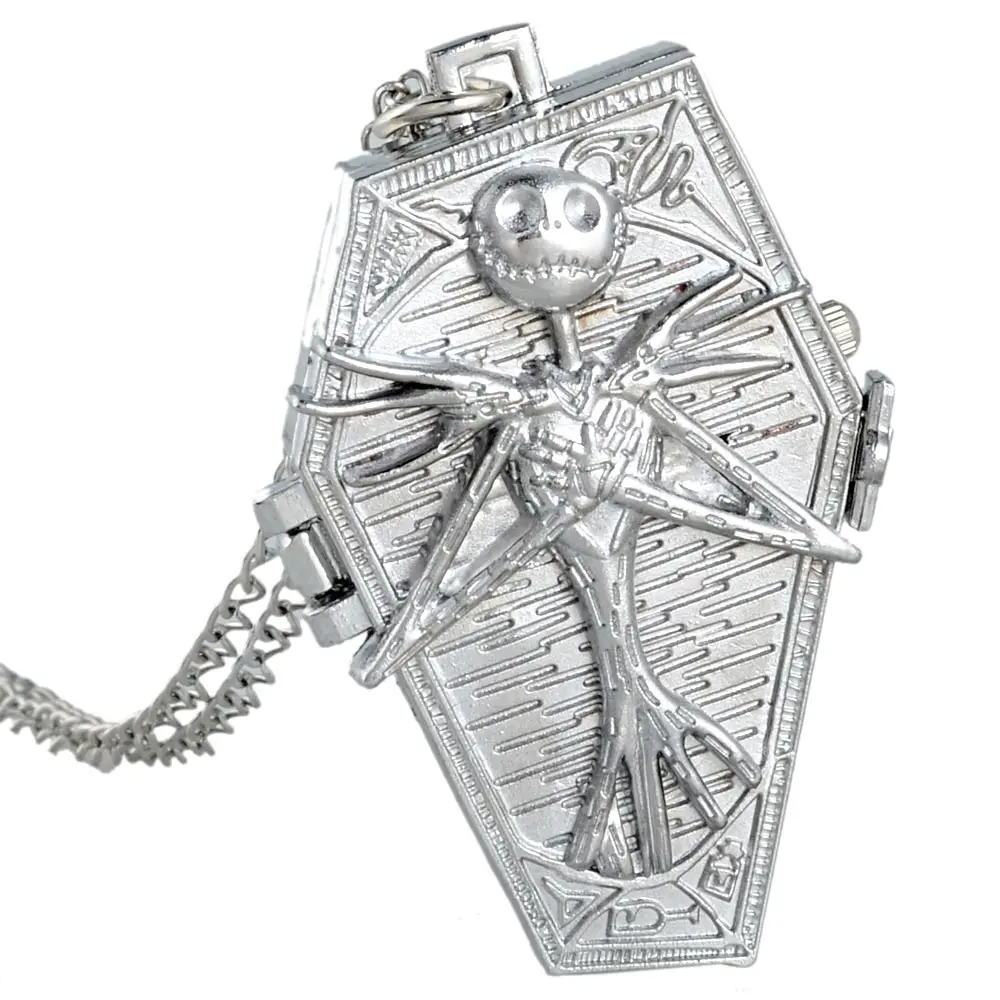 Silver Tim Burton The Nightmare Before Christmas Quartz Pocket Watch Jack Skellington Chain Pendants Clock Women Men
