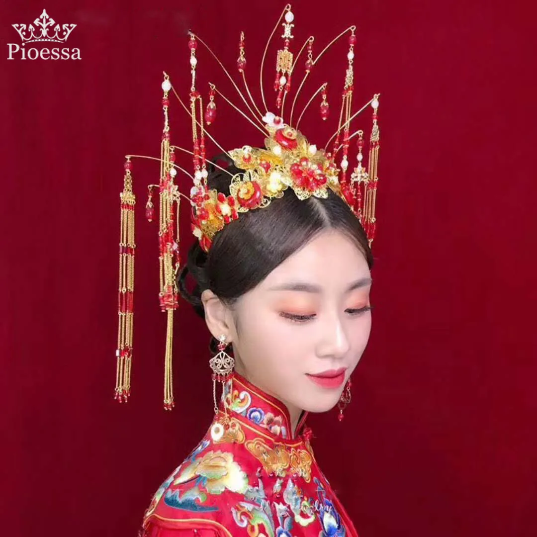 

Pioessa Luxury Fashion Chinese Style Pearl Tassel Hairpin Haircomb Earrings Set Bride Women Hanfu Dress Hair Jewelry Accessories