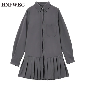 

Women Blue Pleated Split Temperament Shirt Dress New Lapel Long Sleeve Loose Fit Fashion Tide Spring Autumn 2020 V826