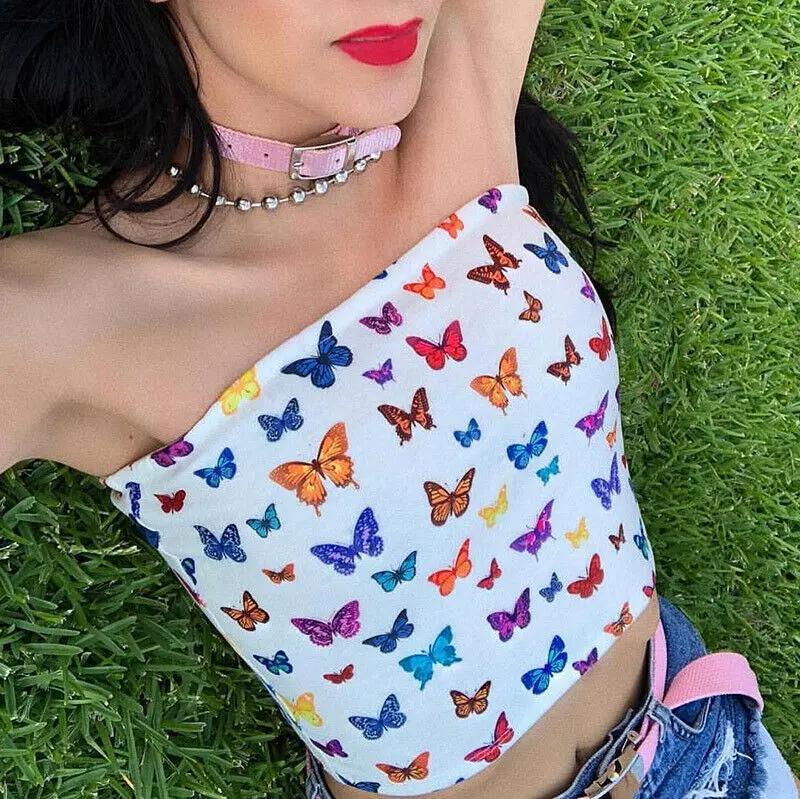 

Summer fashion butterfly multicolor tube top strapless women's short mini girls sleeveless vest T-shirt Bardot collar