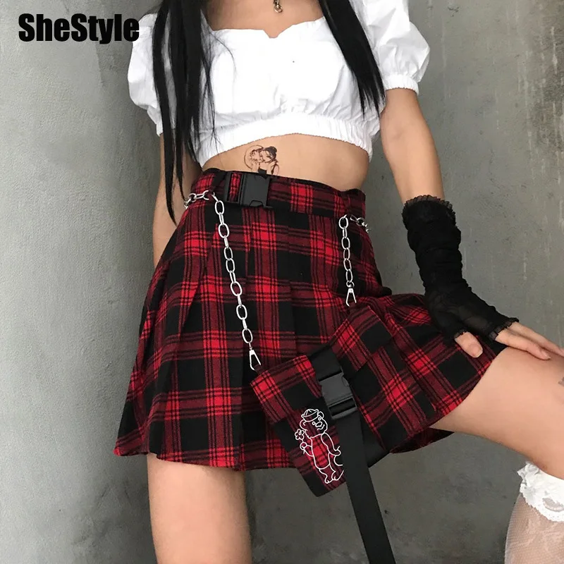 She style Готический Красный Клетчатый блет юбки с цепью Женская высокая талия консервативный стиль панк линия мото мини юбка Harajuku Фестивальная одежда