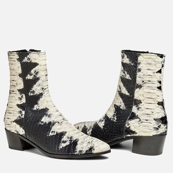 

2020 snake skin color women's boots short boots large size black and white color matching square root women's boots