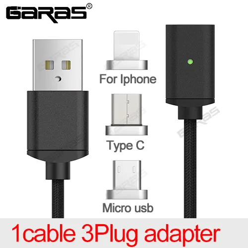 black1cable 3plug Магнитный кабель GARAS для Iphone/Micro usb type-C, адаптер, 3 в 1, быстрое зарядное устройство, кабели для мобильных телефонов, кабель type-C/Micro USB - Цвет: black1cable 3plug