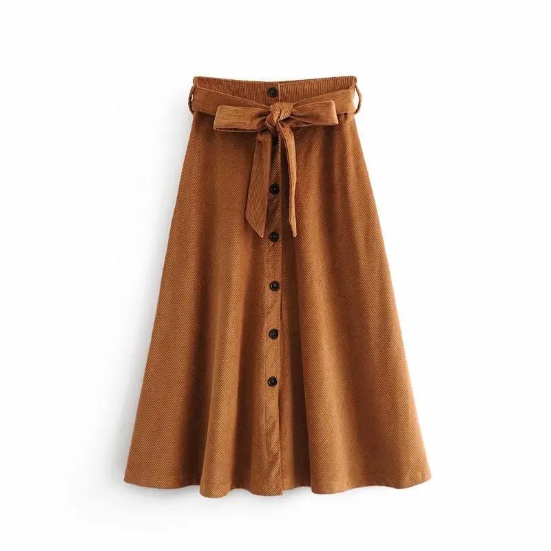 

Popular Brand Spain Single Autumn Europe And America Za Home Women's High-waisted Single Row Ornament of Belt Corduroy Skirt