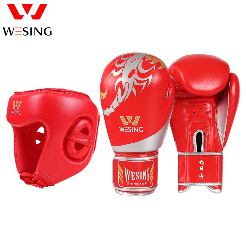 Wesing Boxing Gloves with Headgear 10oz Muay Thai Kickboxing Training Headguard Protection MMA Equipment