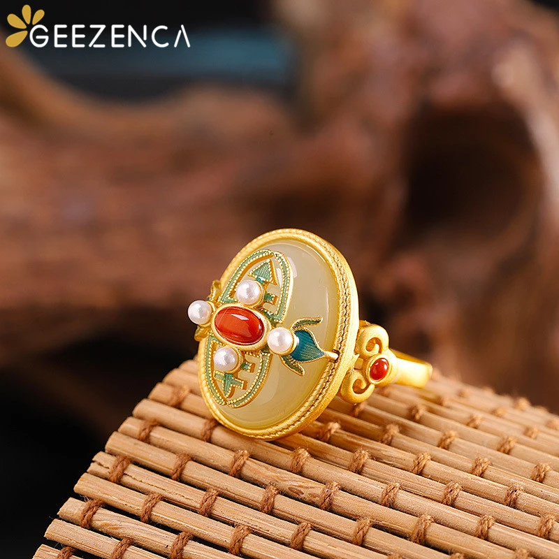 Vintage 925 Sterling Silver Gold-plated Gemstone Ring White Jade Agate Pearl Cloisonne Hollow-out Craft Rings For Women Ethnic Vintage 925 Sterling Silver Gold-plated Gemstone Ring White Jade Agate Pearl Cloisonne Hollow-out Craft Rings For Women Ethnic