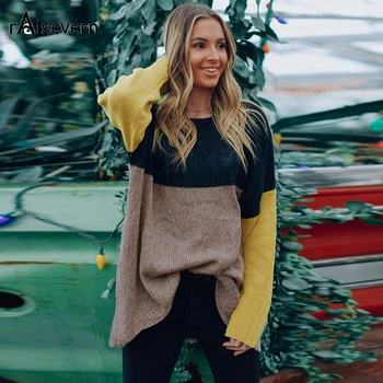 

Raisevern New Block Color Sweater Long Sleeve Casual Loose Fashion Knit Warm Women Sweaters