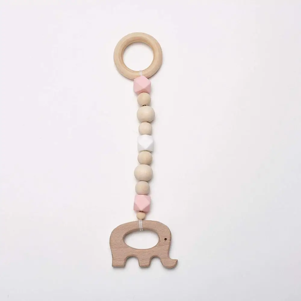 pink elephant Детские погремушки в виде животных из натурального дерева с бусинами, игрушки для занятий в тренажерном зале, подвесная переносная кроватка, игрушки для коляски, птица, слон, прорезыватель, подарок для новорожденных - Цвет: pink elephant