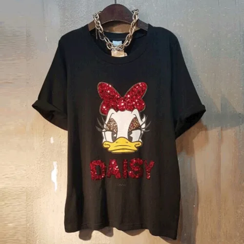 Летняя футболка с рисунком Дональда Дака, маргаритки, с блестками, женские свободные футболки с коротким рукавом, футболки с бисером, о-образный вырез, хлопковые рубашки, топы - Цвет: Черный