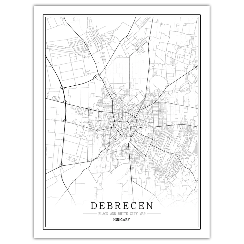 Венгерская черно-белая карта мира, плакат, Скандинавская гостиная, Budapest Eger Cegled, настенные художественные картинки, домашний декор, холст, живопись - Цвет: Debrecen